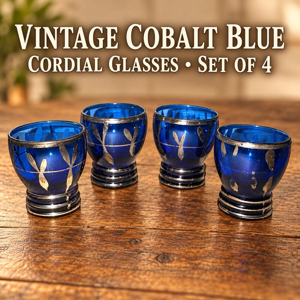 Vintage Cobalt Blue Glass Cordial Cups Silver Overlay Leaf Set of 4